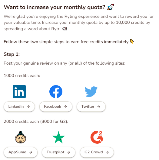 Rytr Me - Increase Monthly Credits Quota
