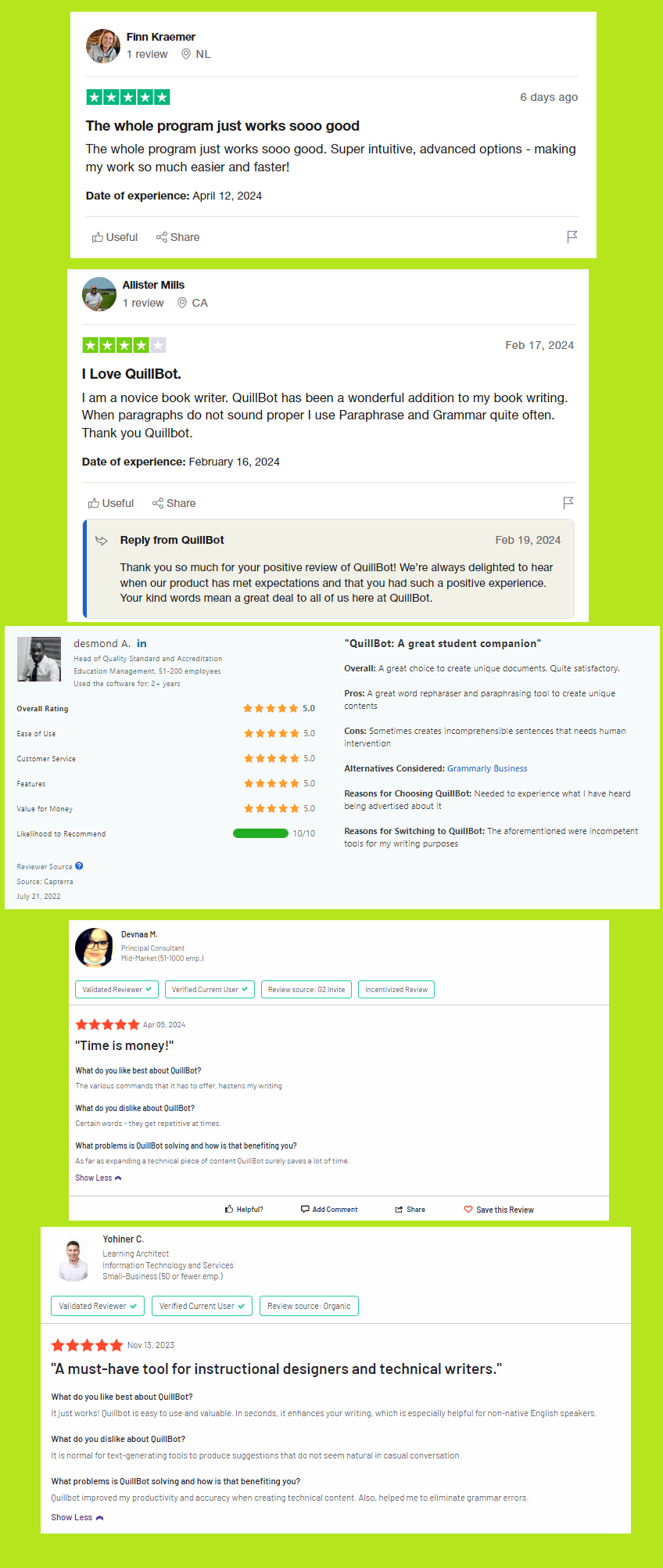 QuillBot Positive User Reviews