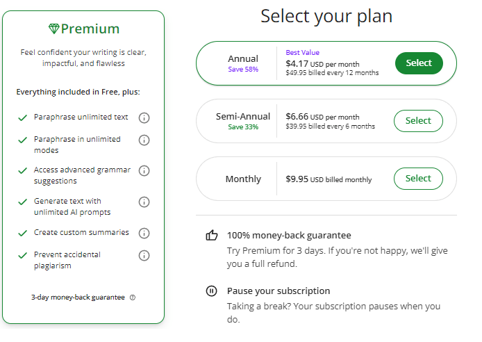 QuillBot Premium Pricing Plan